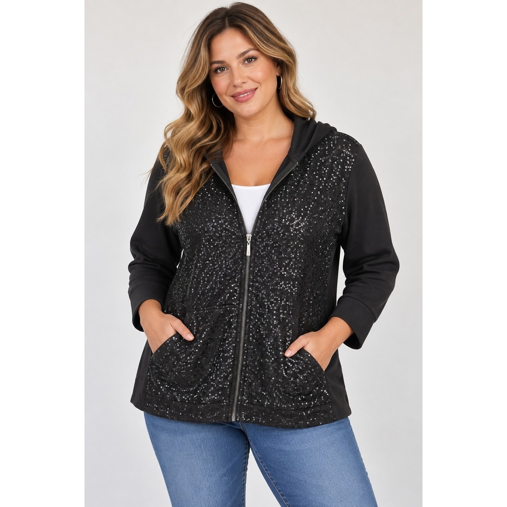 Quacker Factory Black Sequin Zip Up Hoodie Jacket Womens XL 3/4 Sleeve Pocket